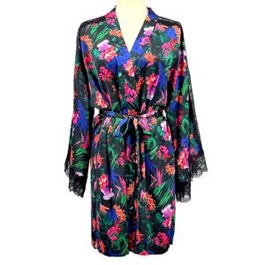 Victorias Secret Womens Robe M L Multicolor Kimono Silky Satin Lace Boudoir Glam